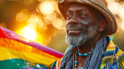 Happy mature black african american gay man celebrating pride festival with rainbow flags, candid LGBTQ+ summer parade. - obrazy, fototapety, plakaty