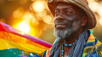Fotobehang Happy mature black african american gay man celebrating pride festival with rainbow flags, candid LGBTQ+ summer parade. © Sophie