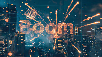 Boom Lettering with Sparkling Fireworks Over City Skyline