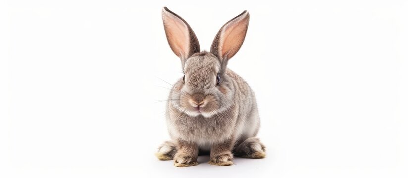 A Mountain Cottontail rabbit with brown fur is sitting on a white background, its ears perked up and whiskers twitching as it stares directly at the camera.