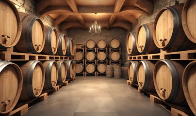 Basement room with many wooden barrels, wine cellar - obrazy, fototapety, plakaty