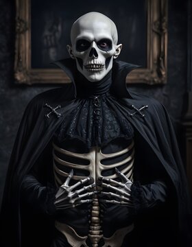 A skeletal figure dressed in gothic attire stands before an antique picture frame, embodying a timeless tale of horror and elegance. The fusion of art and the afterlife creates an unsettling tableau