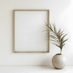 Blank picture frame mockup . White living room design. View of modern scandinavian style interior with artwork mock up on wall. Home staging and minimalism concept