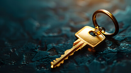 A golden key rests elegantly on a minimalist blue background. Golden key radiating prestige and power. Symbol of access and opportunity.