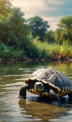 Fototapeta premium turtle crawling leisurely by the pond
