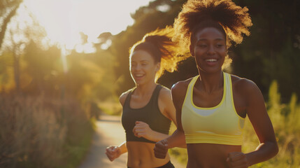 Two Young Women Jog Outdoors on a Greenway