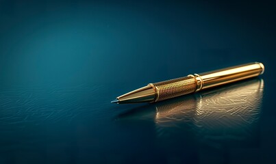A gold pen rests elegantly on a minimalist blue background. Golden pen radiating prestige and power. Business and opportunity symbol. - obrazy, fototapety, plakaty