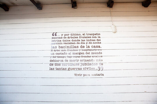 ARACATACA, COLOMBIA - FEBRUARY 1, 2024:  Museum House where the Colombian Nobel Prize of literature Gabriel Garcia Marquez was born in Aracataca. Fragments about the house in his books.