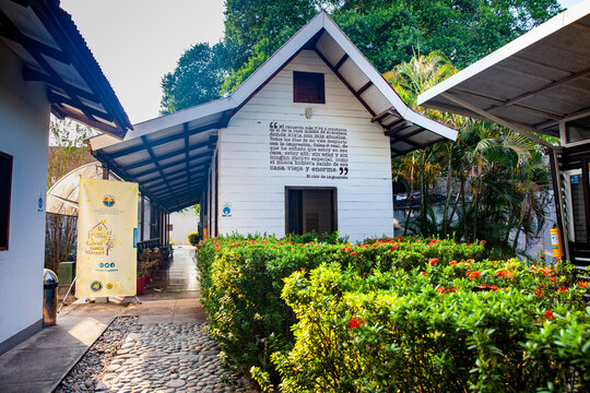 ARACATACA, COLOMBIA - FEBRUARY 1, 2024:  Museum House where the Colombian Nobel Prize of literature Gabriel Garcia Marquez was born in Aracataca. Fragments about the house in his books.