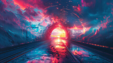 Rainbow Tunnel Dark Illustration.