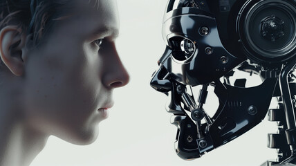 Thought-provoking juxtaposition of a human face and a highly detailed robot counterpart - obrazy, fototapety, plakaty