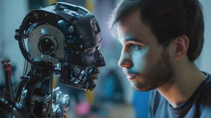 A man and a robotic head in a moment of silent contemplation