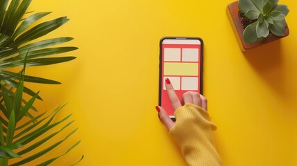 A hand interacts with a mobile app interface on a bright yellow background