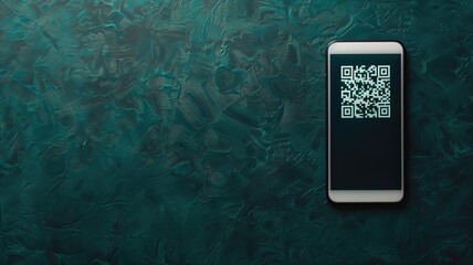 Smartphone displaying QR code on its screen, set against textured turquoise backdrop for modern touch