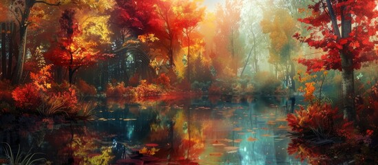 This painting depicts a dense forest with an abundance of trees. The scene is vibrant with the colors of fall, reflected in a tranquil pond within the forest.