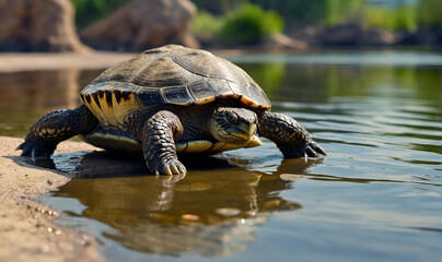 Fototapeta premium turtle crawling leisurely by the pond