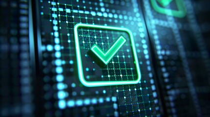 Illustration of a glowing green check mark on dark background. Digital background in selection or approval concept.