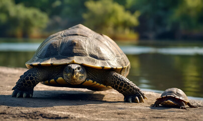 Obraz premium turtle crawling leisurely by the pond