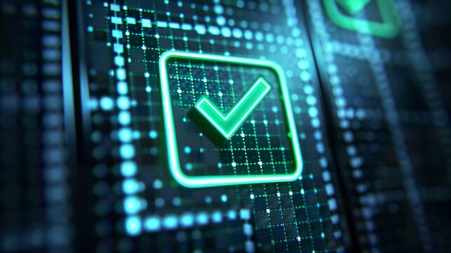 Illustration of a glowing green check mark on dark background. Digital background in selection or approval concept.