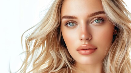 Fototapeta premium Beauty Woman face Portrait. Beautiful Spa model Girl with Perfect Fresh Clean Skin. Blonde female looking at camera and smiling. Youth and Skin Care Concept. Isolated on a white background