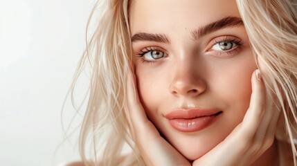 Naklejka premium Beauty Woman face Portrait. Beautiful Spa model Girl with Perfect Fresh Clean Skin. Blonde female looking at camera and smiling. Youth and Skin Care Concept. Isolated on a white background