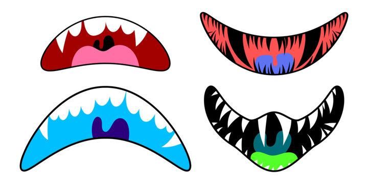 Scary and creepy monster mouth. Cartoon scary smile with sharp teeth. Beast or vampire teeth for Halloween. Vector illustration isolated on white background.