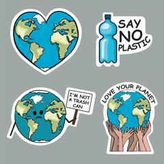 Sticker of ecological sign concept. Heart shaped Earth, say no plastic, love your planet, and The Earth that holding the sign 