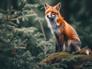 Thriving in its natural forest habitat, a vibrant red fox showcases its stunning beauty. - Powered by Adobe