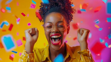 Photo of ecstatic lady shout loud yeah fist up raise win lottery isolated bright shine color background