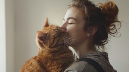 portrait handsome young hipster woman, hugs his good friend ginger cat on white wall background. Positive human emotions, facial expression, feelings. People and animals in love - obrazy, fototapety, plakaty