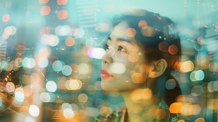 smart asian business woman double exposure with financial grpah and night city scape business concept