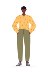 Young african american student in casual clothes. Study, education and academic concept. Flat vector illustration isolated on white background.