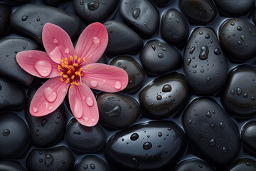 Pink flower on black zen stones background with water drops.