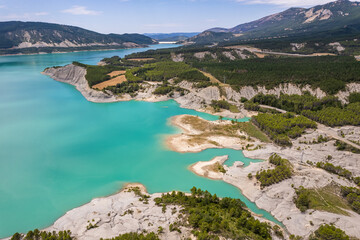 Aerial view of Yesa reservoir by Tiermas in Spain, Summer 2023