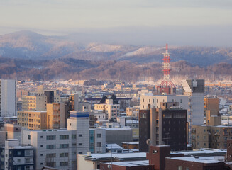 ハイアングルで見た朝の冬の旭川市の街並みの風景
