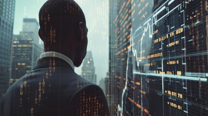 African American businessman in formal wear is watching at New York city skyscraper. Digital interface with bar diagram and binary code in foreground. Concept of successful trading on stock