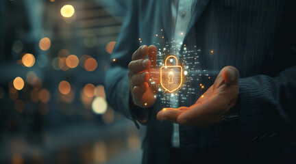Businessman holding lock icon, networking and ensuring information security, secure connection, data protection, confidentiality service, cybersecurity measures, and secure network