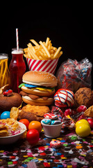 Obraz na płótnie Canvas Unhealthy Paradise: A Colorful Array of Junk Food Items