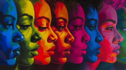 Fototapeta premium A captivating digital artwork featuring five women in vivid, contrasting colors, reflecting the spirit of the Black Arts Movement with detailed facial features and dramatic shadows.