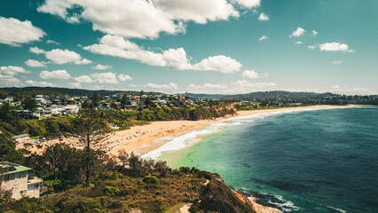 Stunning ocean view of the waves and beach in the Northern Beaches of NSW, Sydney, Australia. The...