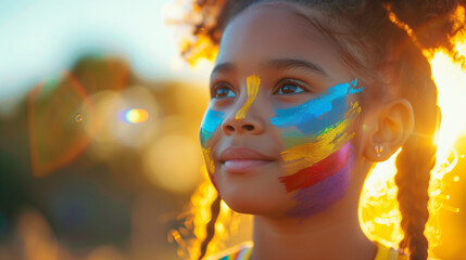 Happy young black african american girl celebrating gay pride festival with rainbow face paint. Candid LGBTQ+ celebrations at golden hour. Copy space pride banner. AI generated