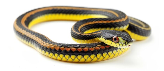 A close up of a vividly colored ribbon snake, showcasing its black, yellow, and orange scales on a white background. This terrestrial reptile is a stunning example of macro photography.