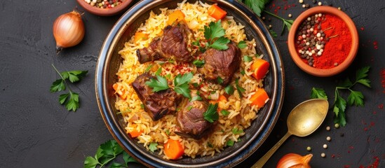 A top view of a traditional Turkish dish called pilaf, featuring spicy flavors of rice, roasted meat, carrots, onions, and parsley.