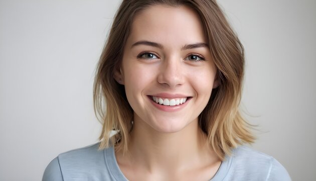Portrait of a young beautiful cheerful charming woman white white teeth, smiling on a clean background