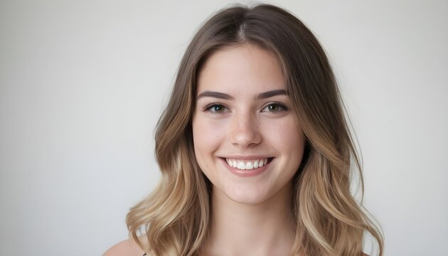 Portrait of a young beautiful cheerful charming woman white white teeth, smiling on a clean background