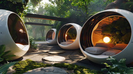 Digital Wellness Retreat Set with Meditation Pods, Relaxation Areas, and Mindfulness Workshops. Concept of Wellness Tech and Mental Health.