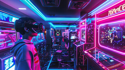 Virtual Reality Arcade Set with VR Headsets, Motion Platforms, and Interactive Game Zones. Concept of VR Entertainment and Immersive Experiences.