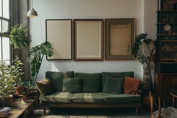 View of modern scandinavian style interior with artwork mock up on wall.