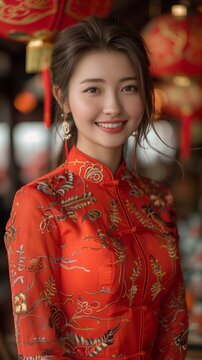 A picture of a beautiful happy 30 year old woman in China, dark orange tang suit. Chinese Dress, Chinese Hair Wear, Chinese Ties