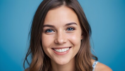  Portrait of a young beautiful cheerful charming woman white white teeth, smiling on a clean background. blue background